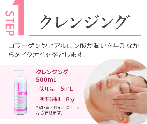 step1.コラーゲンやヒアルロン酸が潤い与えながらメイク汚れを落とします。