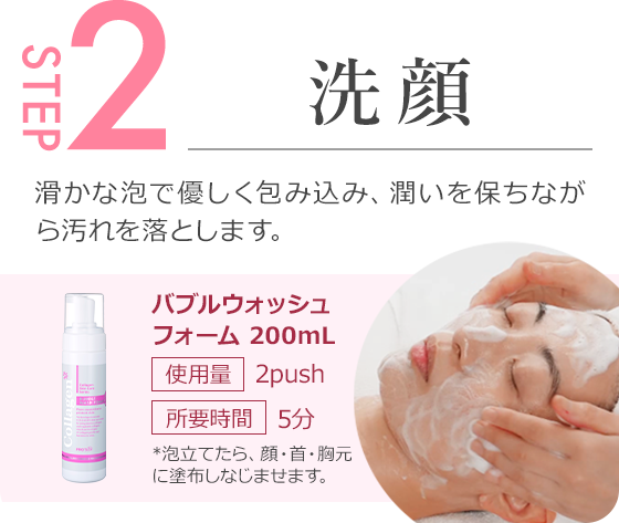 step2.滑かな泡で優しく包み込み、潤いを保ちながら汚れを落とします。