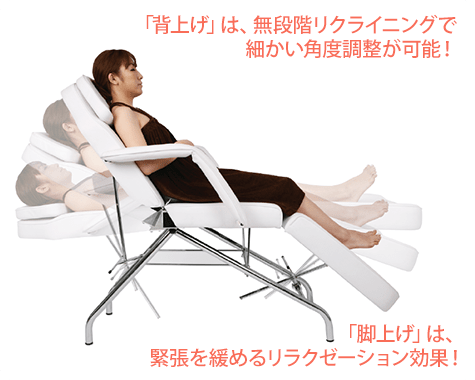 「背上げ」は、無段階リクライニングで細かい角度調整が可能！「脚上げ」は、緊張を緩めるリラクゼーション効果！