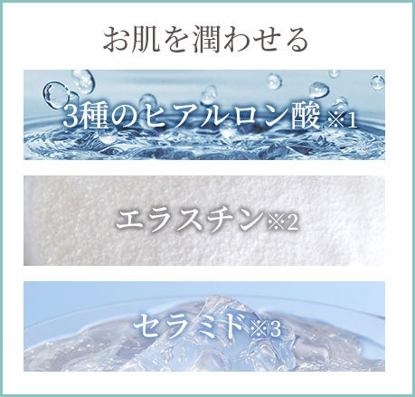 お肌を潤わせる 3種のヒアルロン酸※1/エラスチン※2/セラミド※3