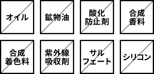 オイル 鉱物油 酸化防止剤 合成香料 合成着色料 紫外線吸収剤 サルフェート シリコン